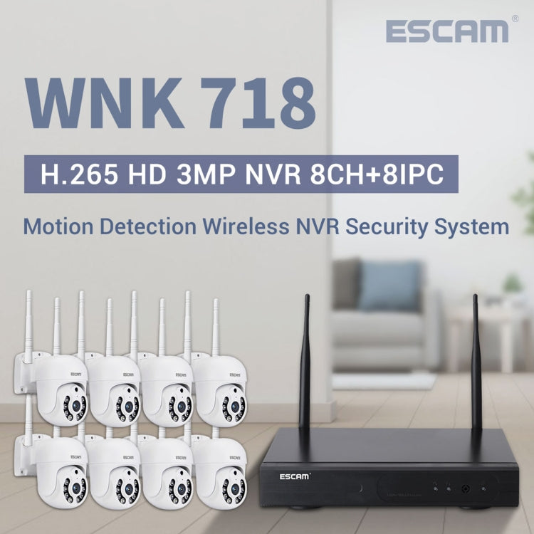 ESCAM WNK718 HD 3.0 Million Pixels 8-channel Wireless + 8IPC Wireless NVR Security System, UK Plug, WNK718 ESCAM WNK718 HD 3.0 Million Pixels 8-channel Wireless + 8IPC Wireless NVR Security System, UK Plug, WNK718